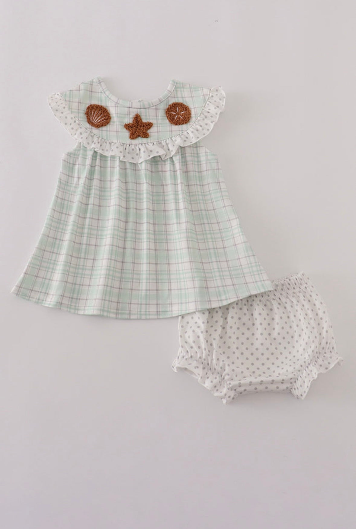 Green Plaid sea shell starfish French knot ruffle bloomer set