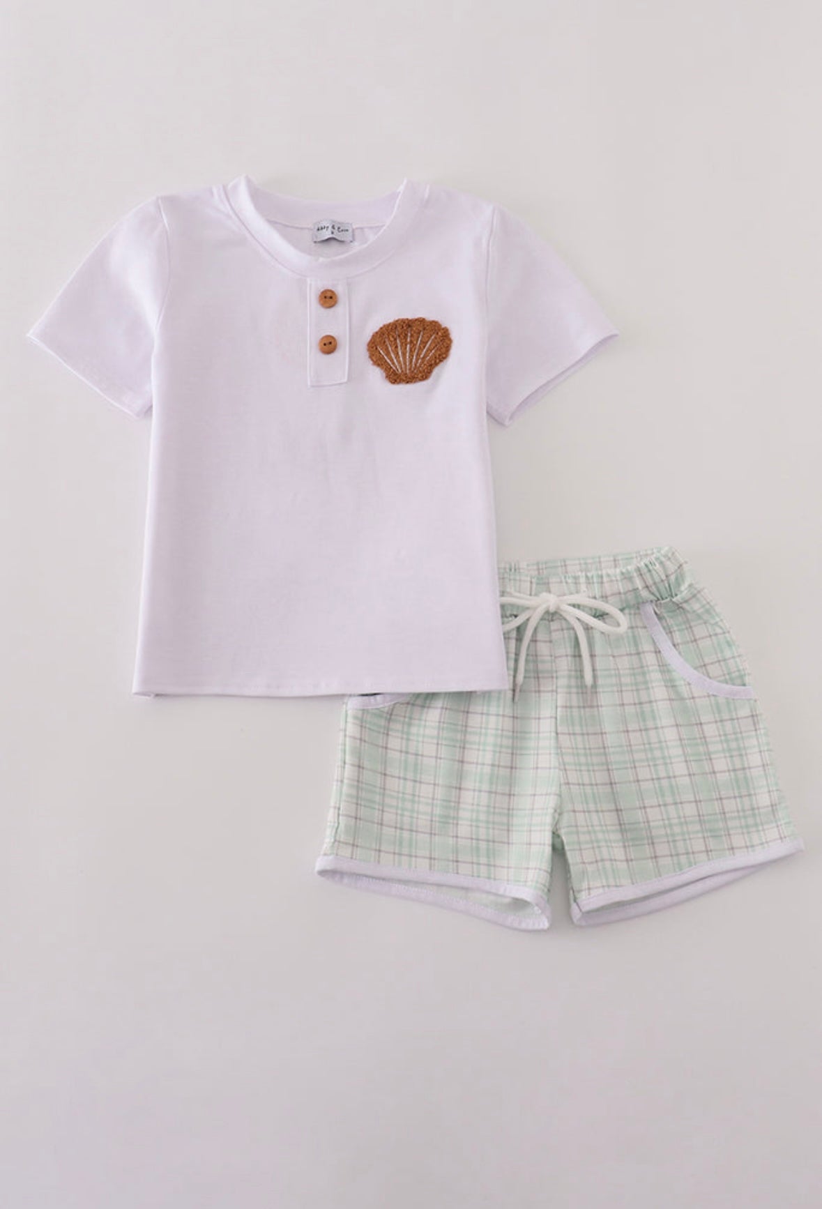Green Plaid sea shell French knot short set